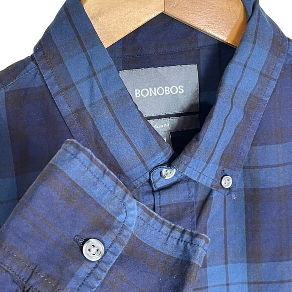 BONOBOS Men’s Blue Plaid Long Sleeve Button Front Button Down Collar M - Picture 2 of 3
